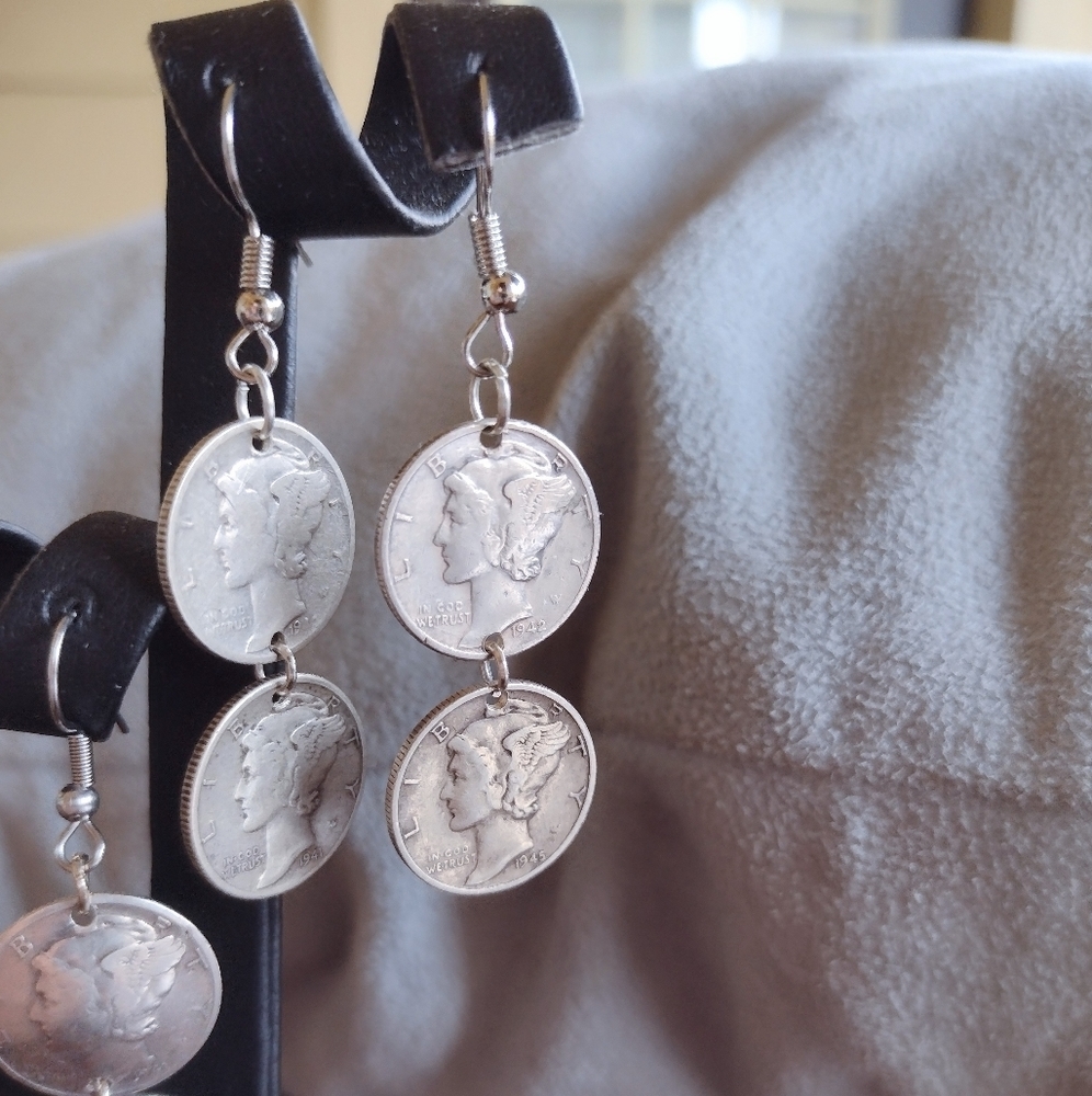 Vintage Handmade Silver Polished Double Flat Mercury Dime Drop Hook Earrings
